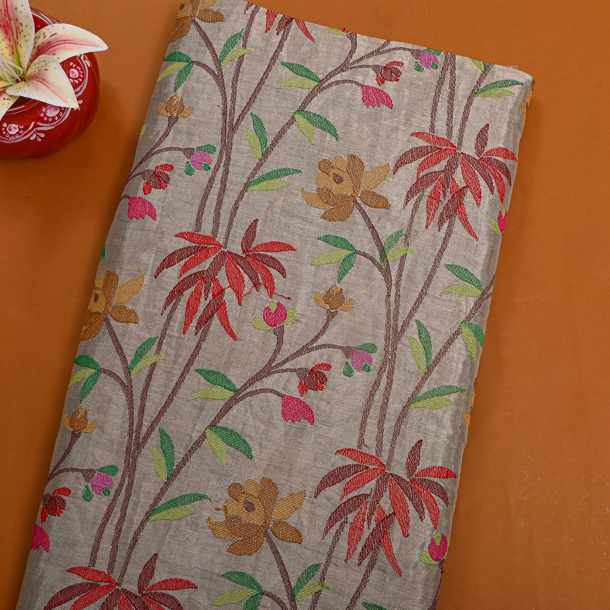 Gray Multicolour Floral Thread Work Tissue Fabric