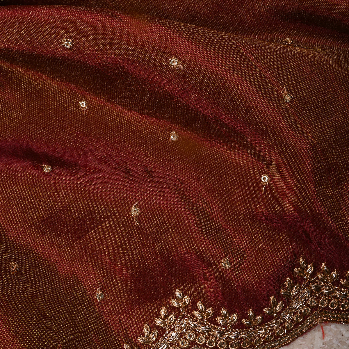 Maroon With Gold Zari Butti Embroidery Tissue Fabric