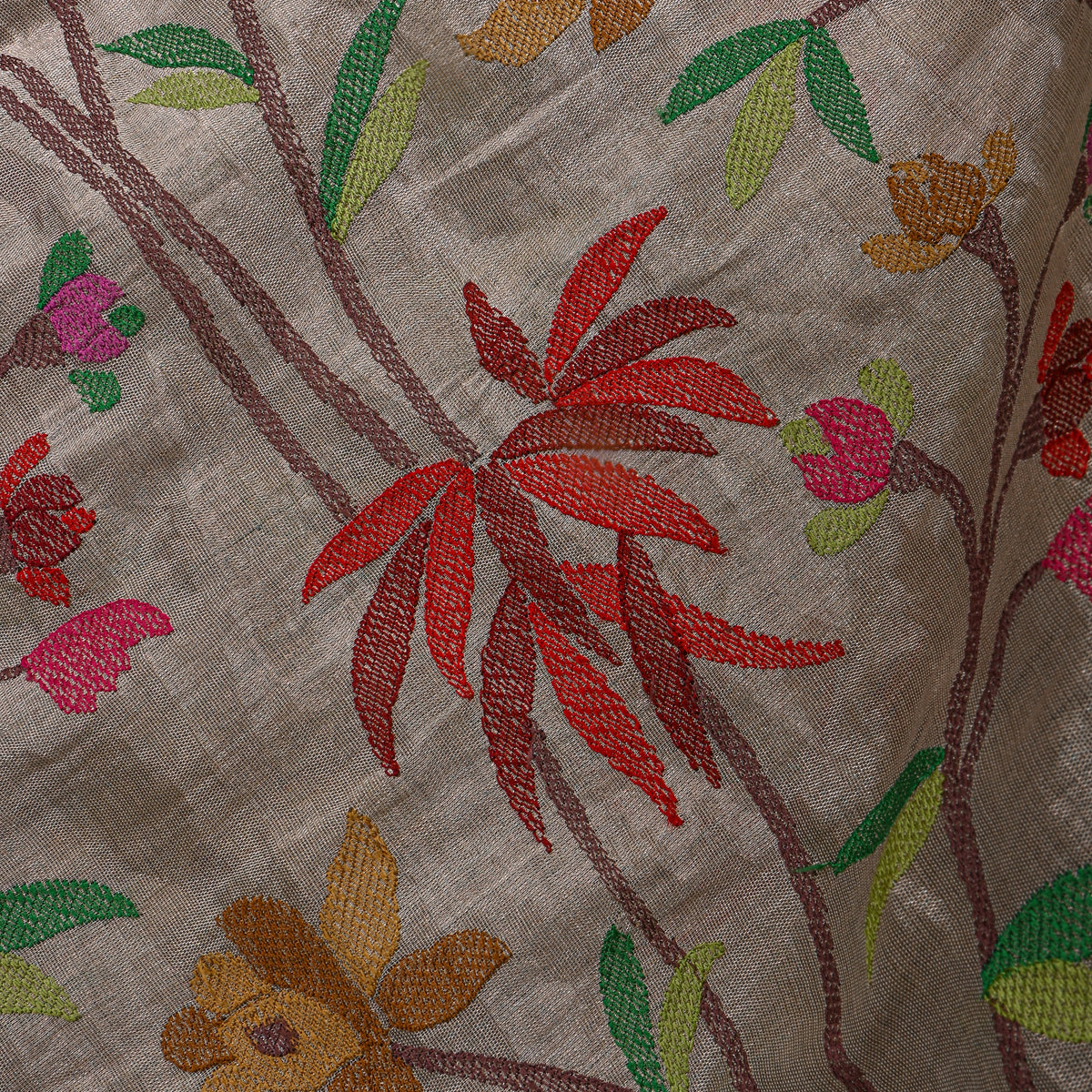 Gray Multicolour Floral Thread Work Tissue Fabric