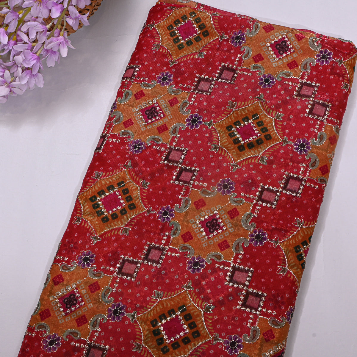 Poppy Pink Bandhani Geometric Print Tissue Fabric