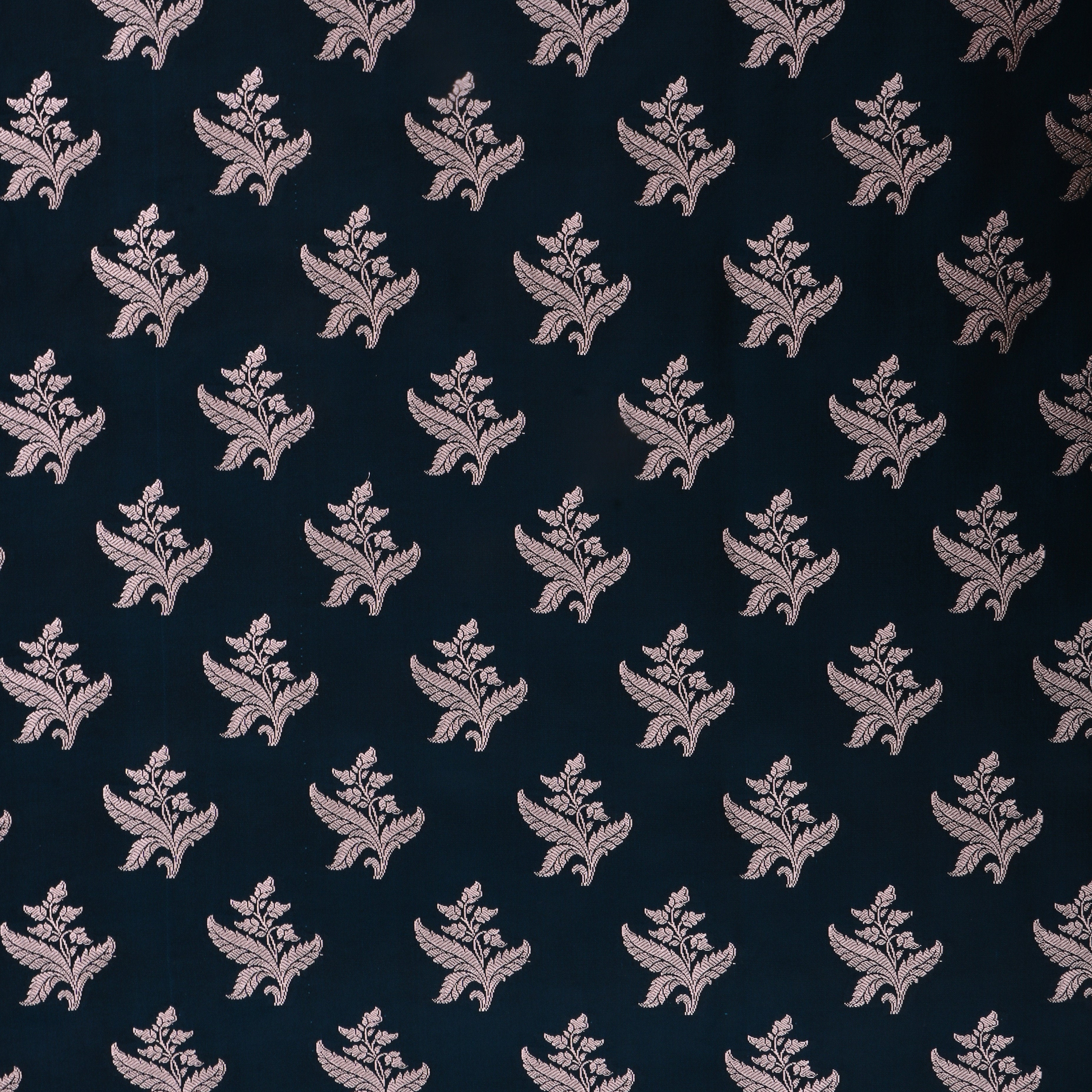 Blackish Blue Jamawar Satin Fabric With Floral Butti'S