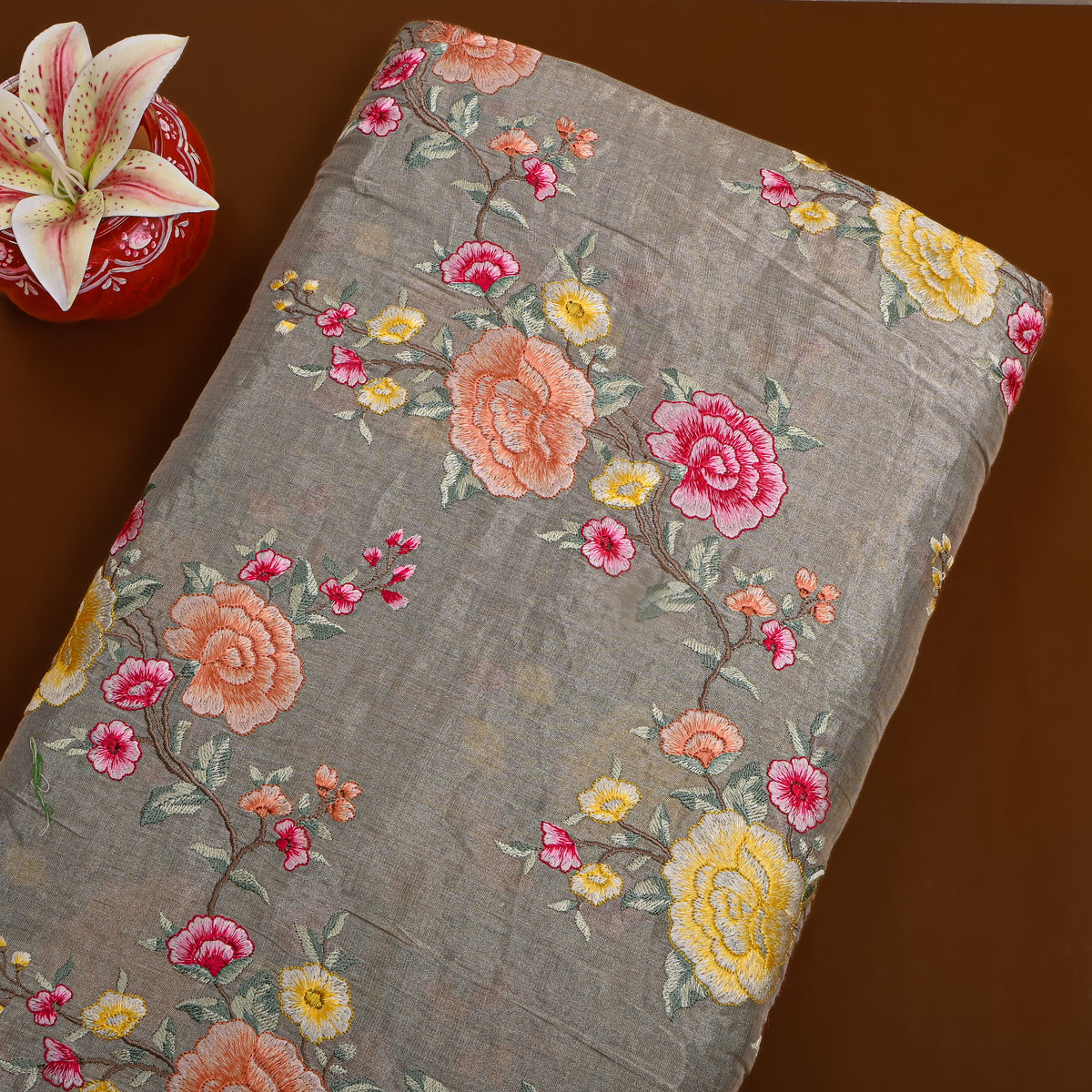 Grey Peach Floral Jaal Thread Work Tissue Fabric