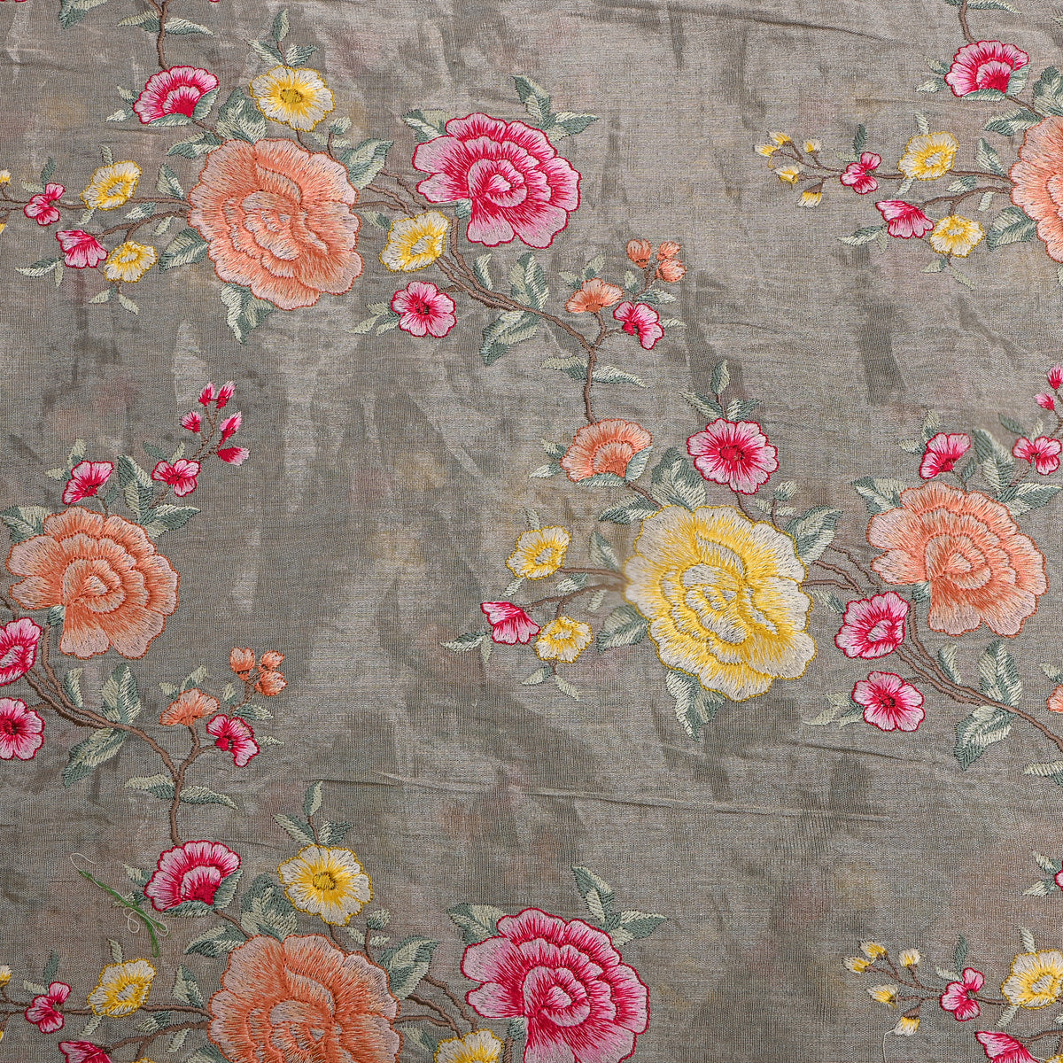 Grey Peach Floral Jaal Thread Work Tissue Fabric