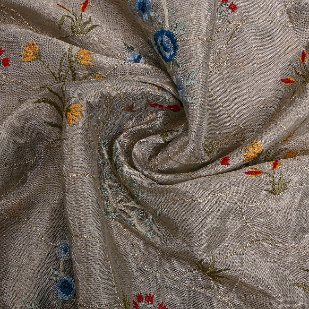 Grey Gold Blue Floral Thread Work Tissue Fabric