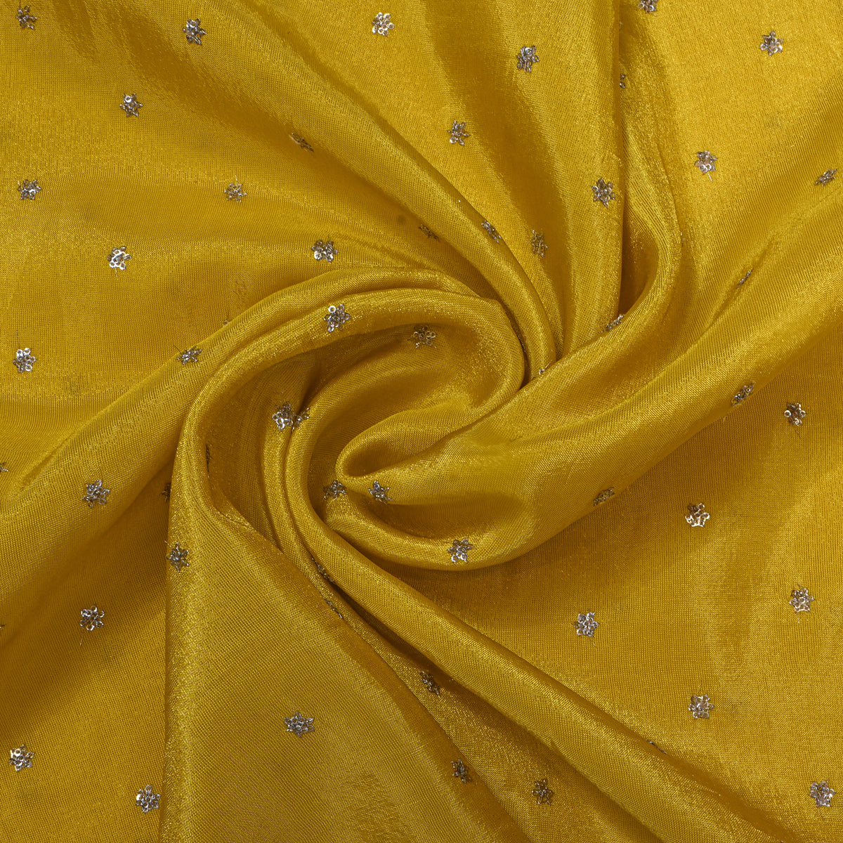 Citron Yellow Silver Sequin Floral Butti Tissue Fabric