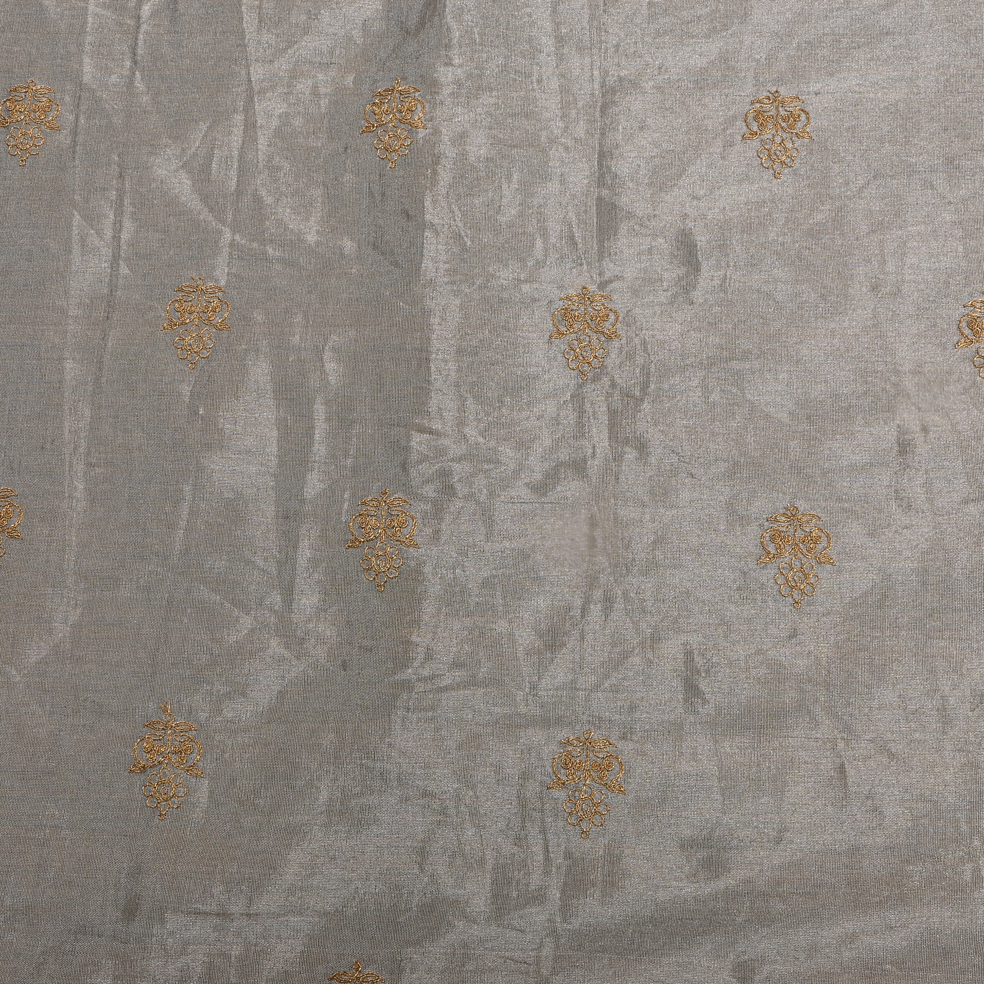 Dark Grey With Gold Zari Butti Tissue Fabric