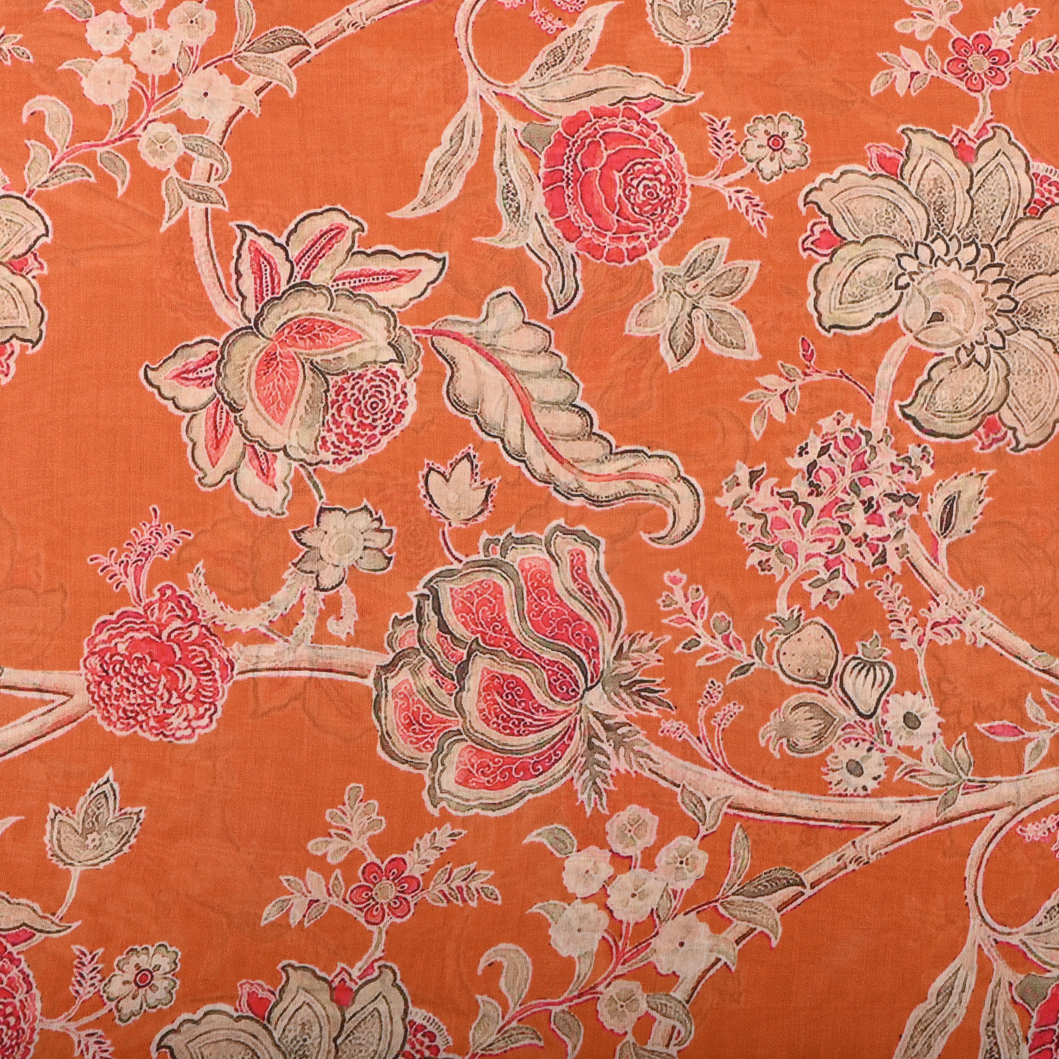 Hot Orange Silk Fabric With Digital Prints