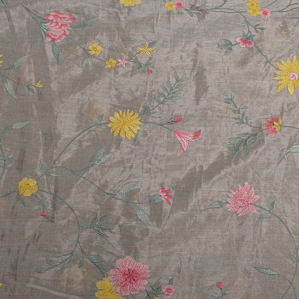Ash Grey Earthy Floral Jaal Thread Work Tissue Fabric