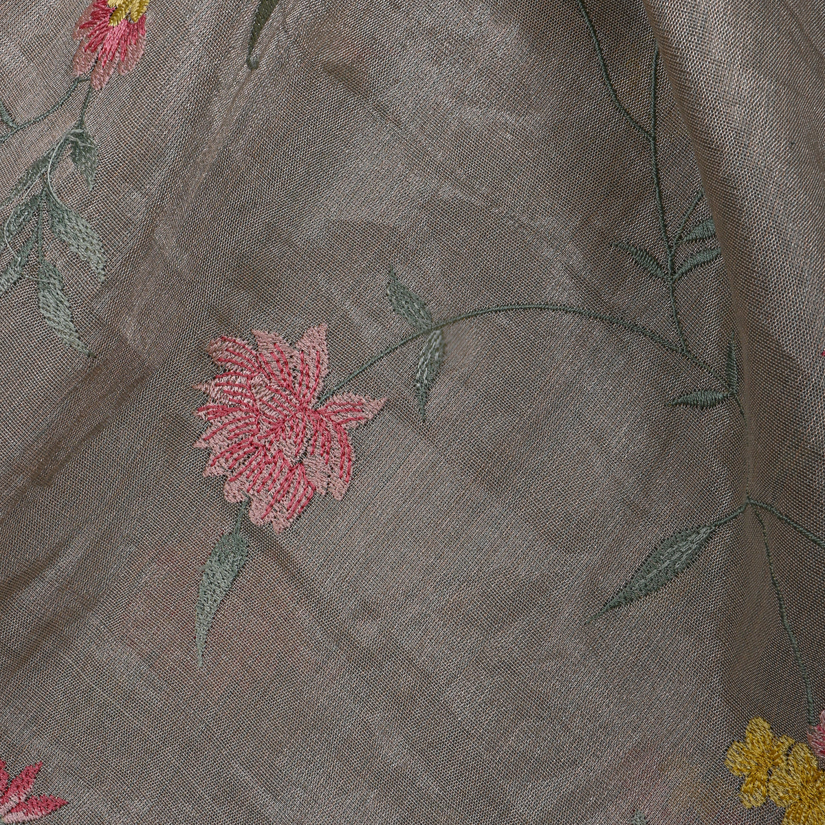 Ash Grey Earthy Floral Jaal Thread Work Tissue Fabric