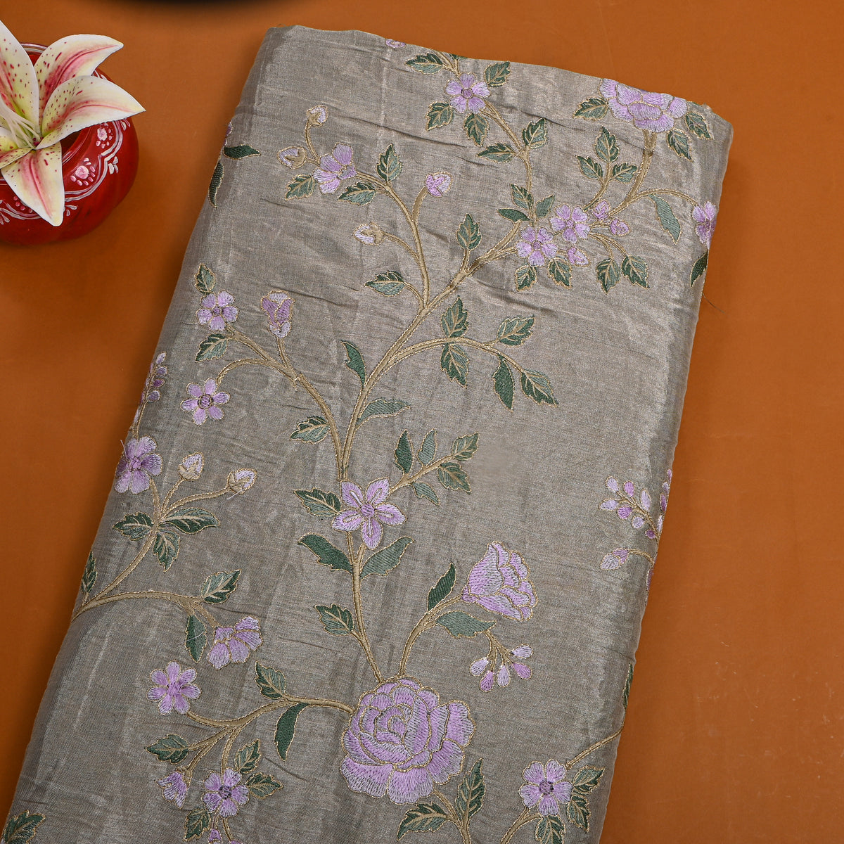 Grey Gold Lilac Floral Jaal Thread Work Tissue Fabric