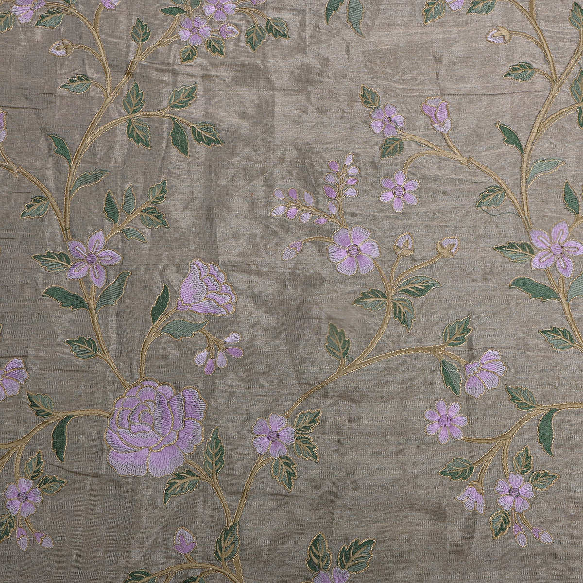 Grey Gold Lilac Floral Jaal Thread Work Tissue Fabric