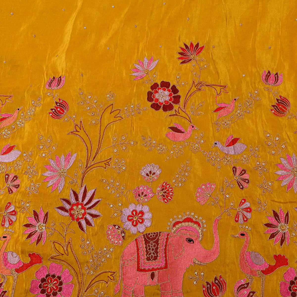 Yellow Gold Floral Bird Embroidery Tissue Fabric