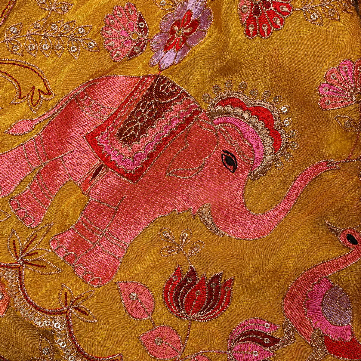 Yellow Gold Floral Bird Embroidery Tissue Fabric