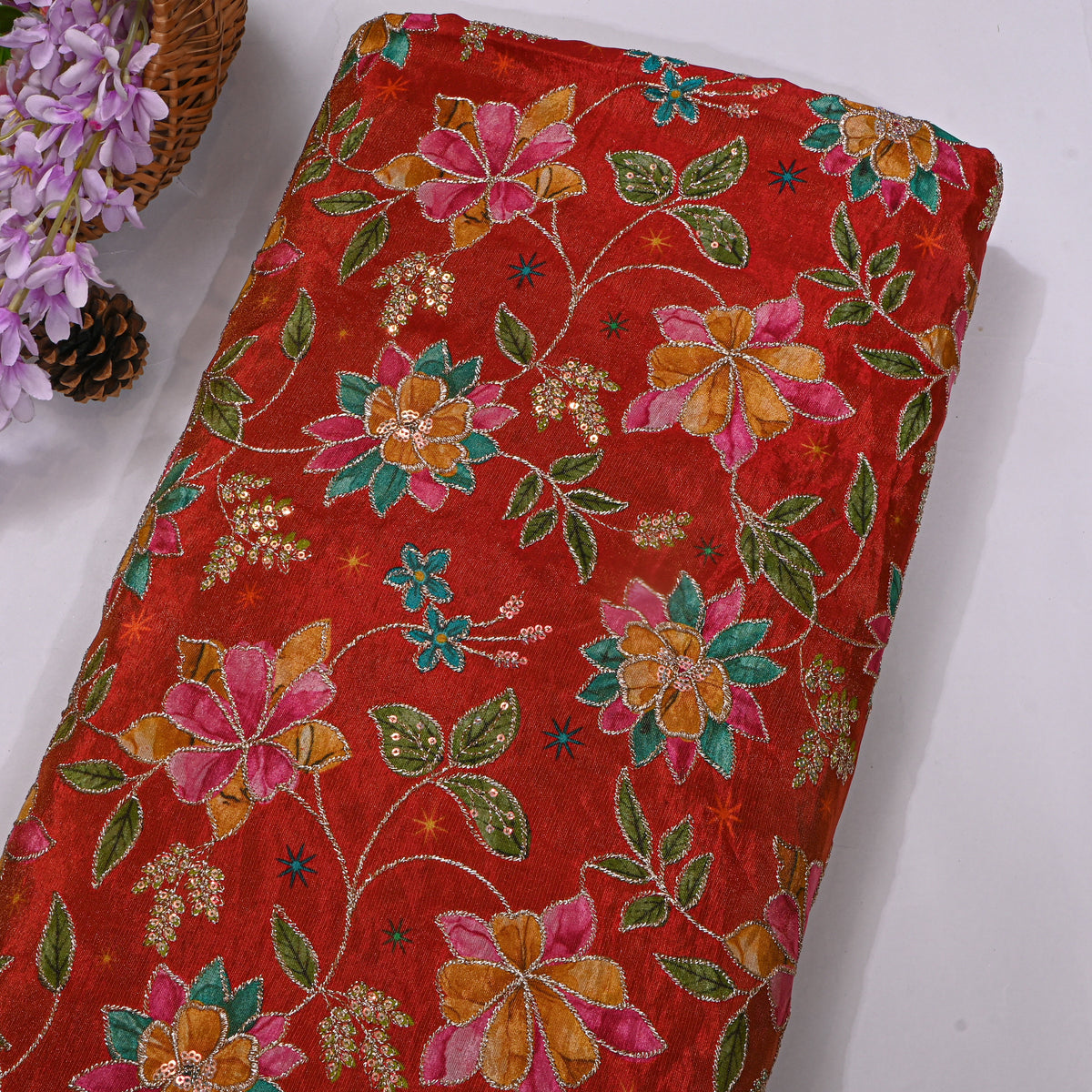 Cinnabar Red Gold Zari Floral Jaal Printed Embroidery Tissue Fabric