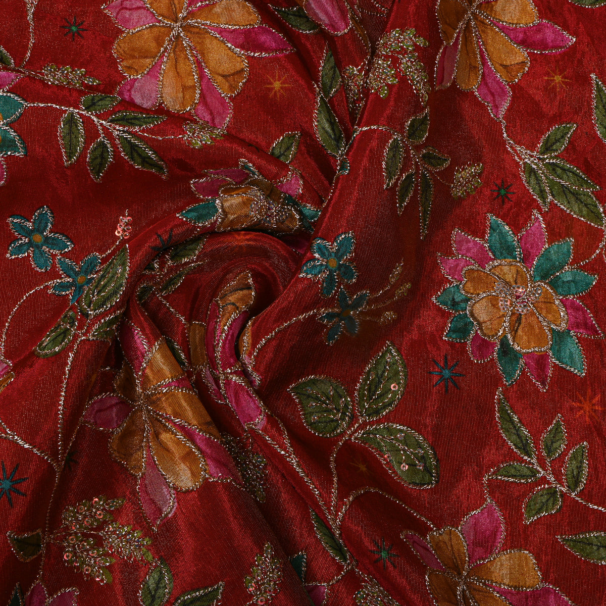 Cinnabar Red Gold Zari Floral Jaal Printed Embroidery Tissue Fabric