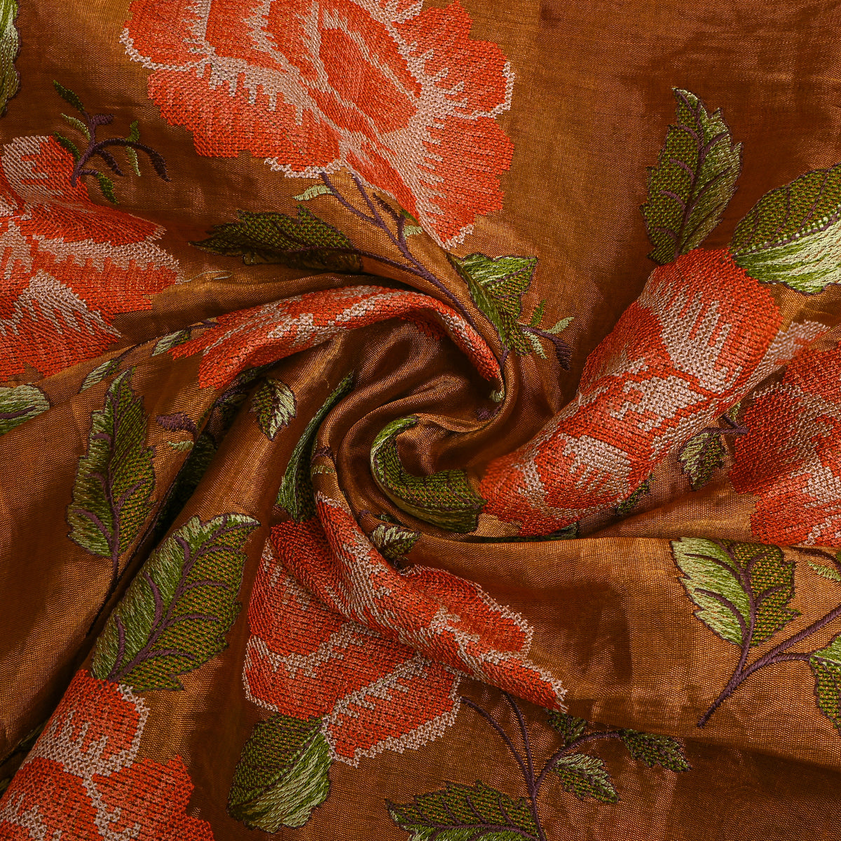 Rust Golden Orange Floral Thread Work Tissue Fabric