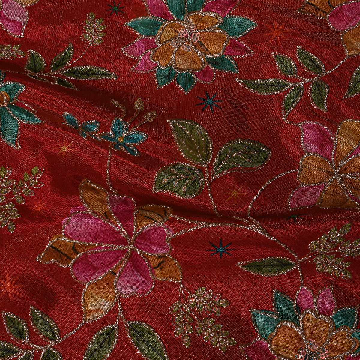 Cinnabar Red Gold Zari Floral Jaal Printed Embroidery Tissue Fabric