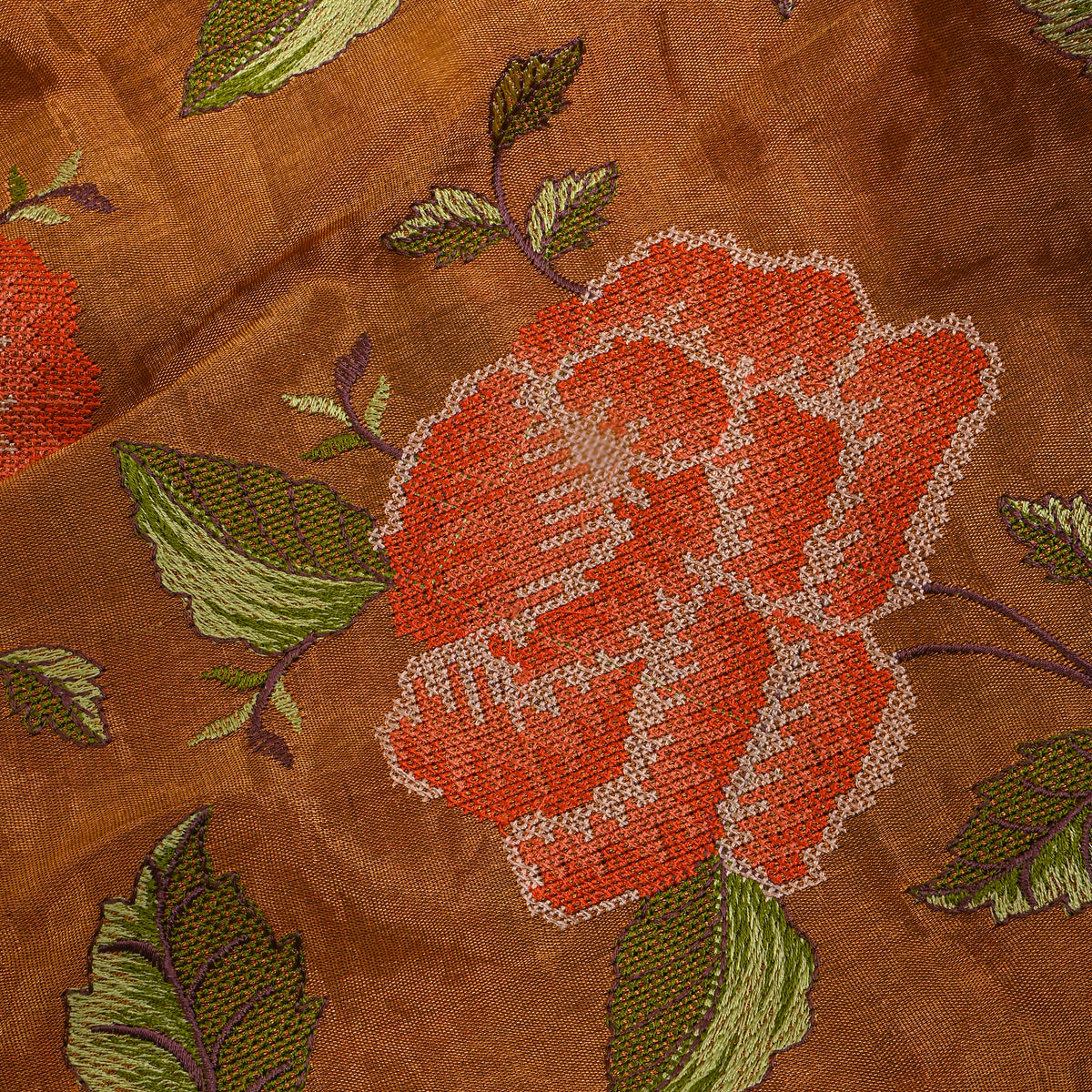 Rust Golden Orange Floral Thread Work Tissue Fabric