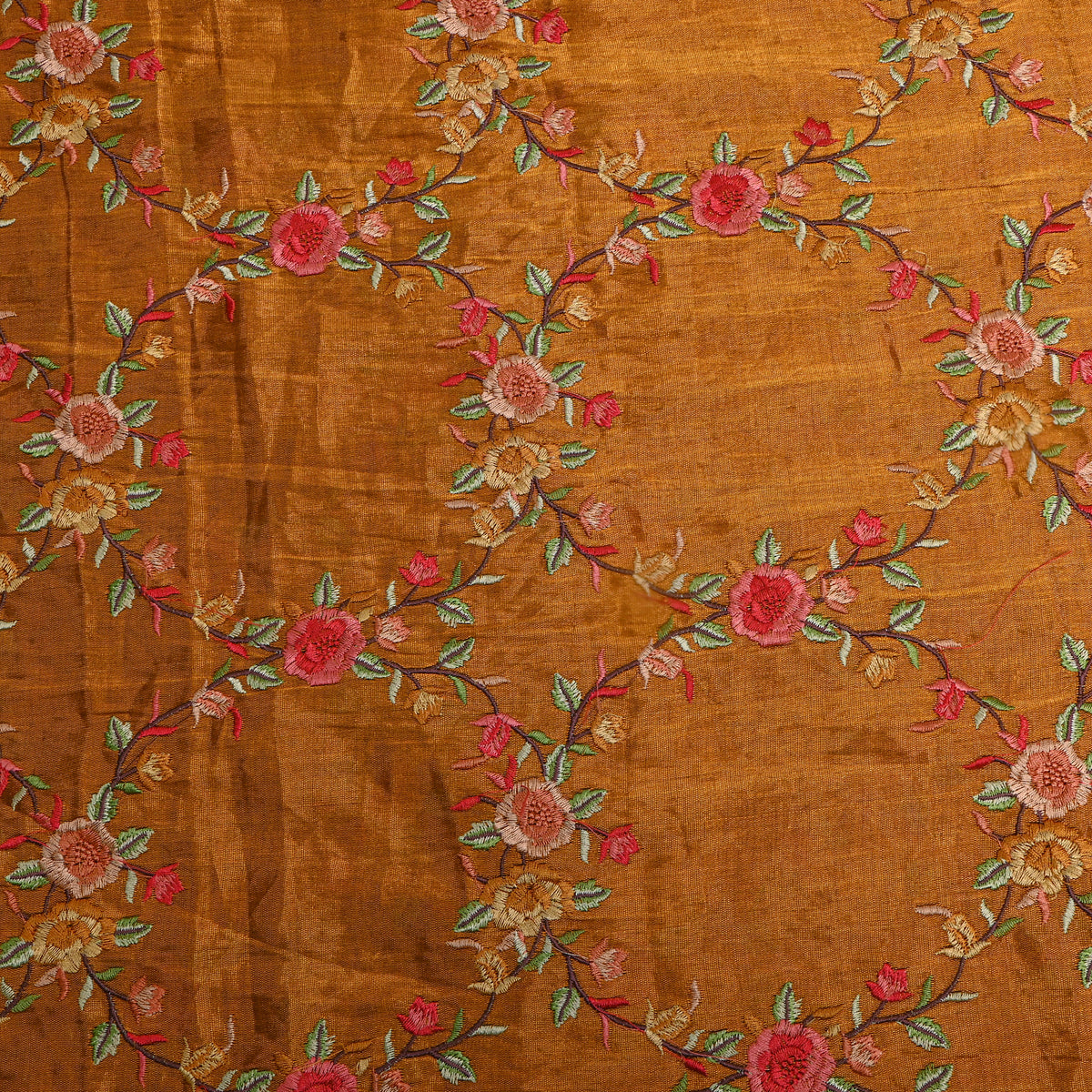 Rust Metallic Coral Floral Thread Work Tissue Fabric