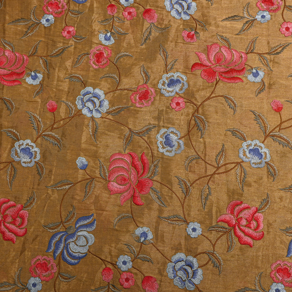 Beige Red Blue Floral Jaal Thread Work Tissue Fabric
