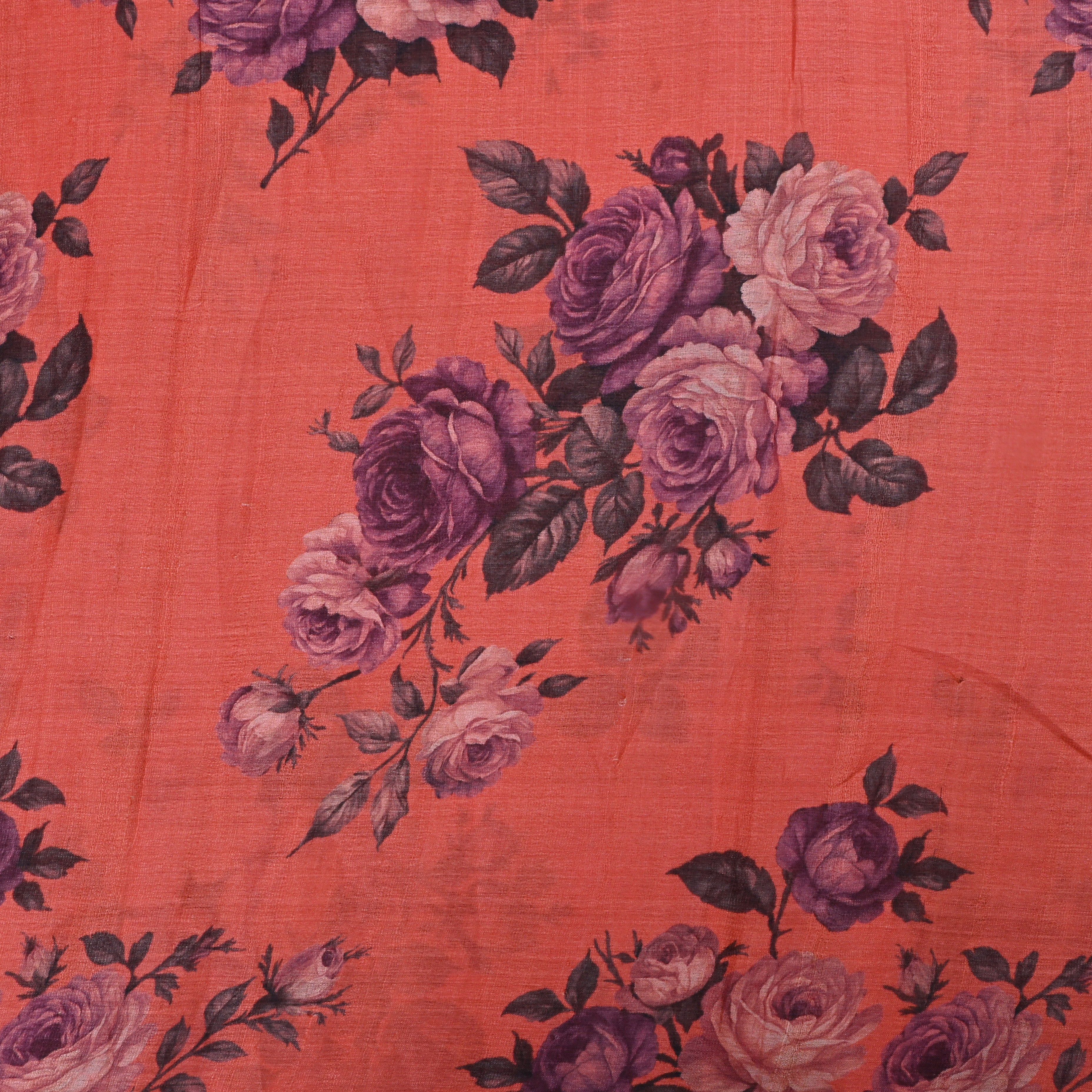 Dark Coral Orange Tussar Fabric With Floral Prints