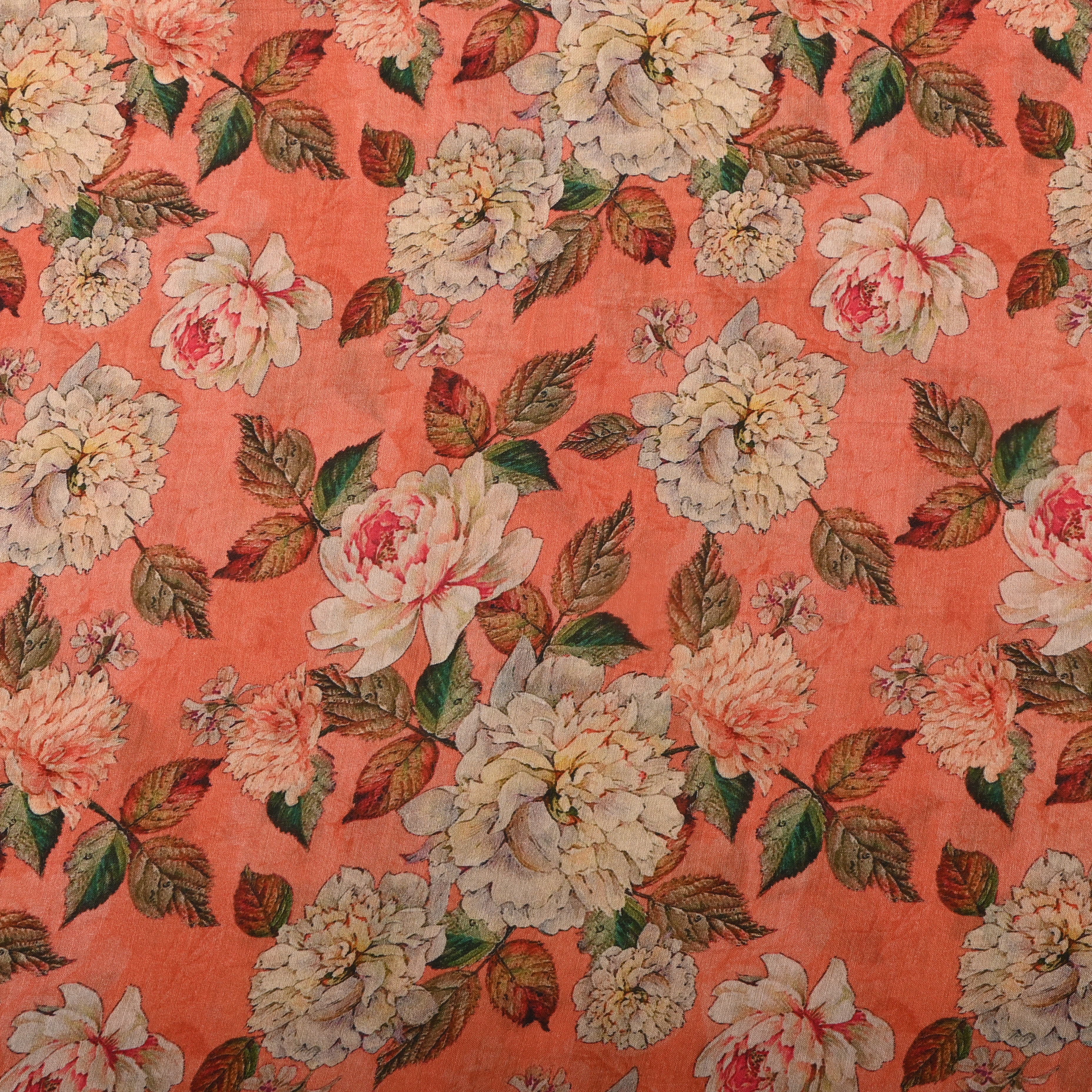 Coral Orange Silk Fabric With Floral Prints