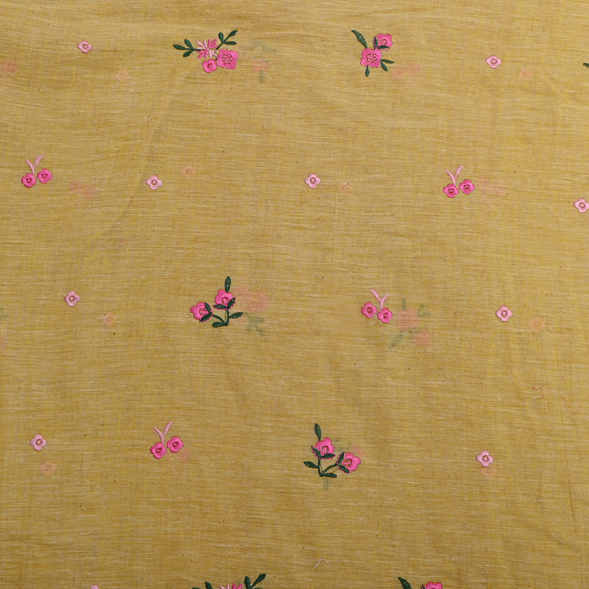 Pale Yellow With Pink Thread Work Butti Cotton Fabric