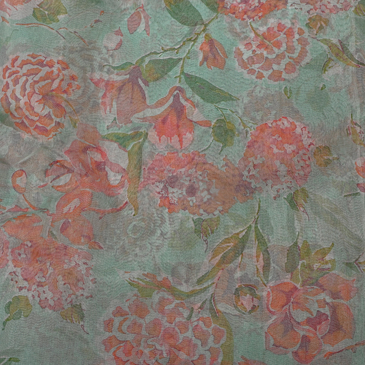 Green Floral Print Organza Fabric