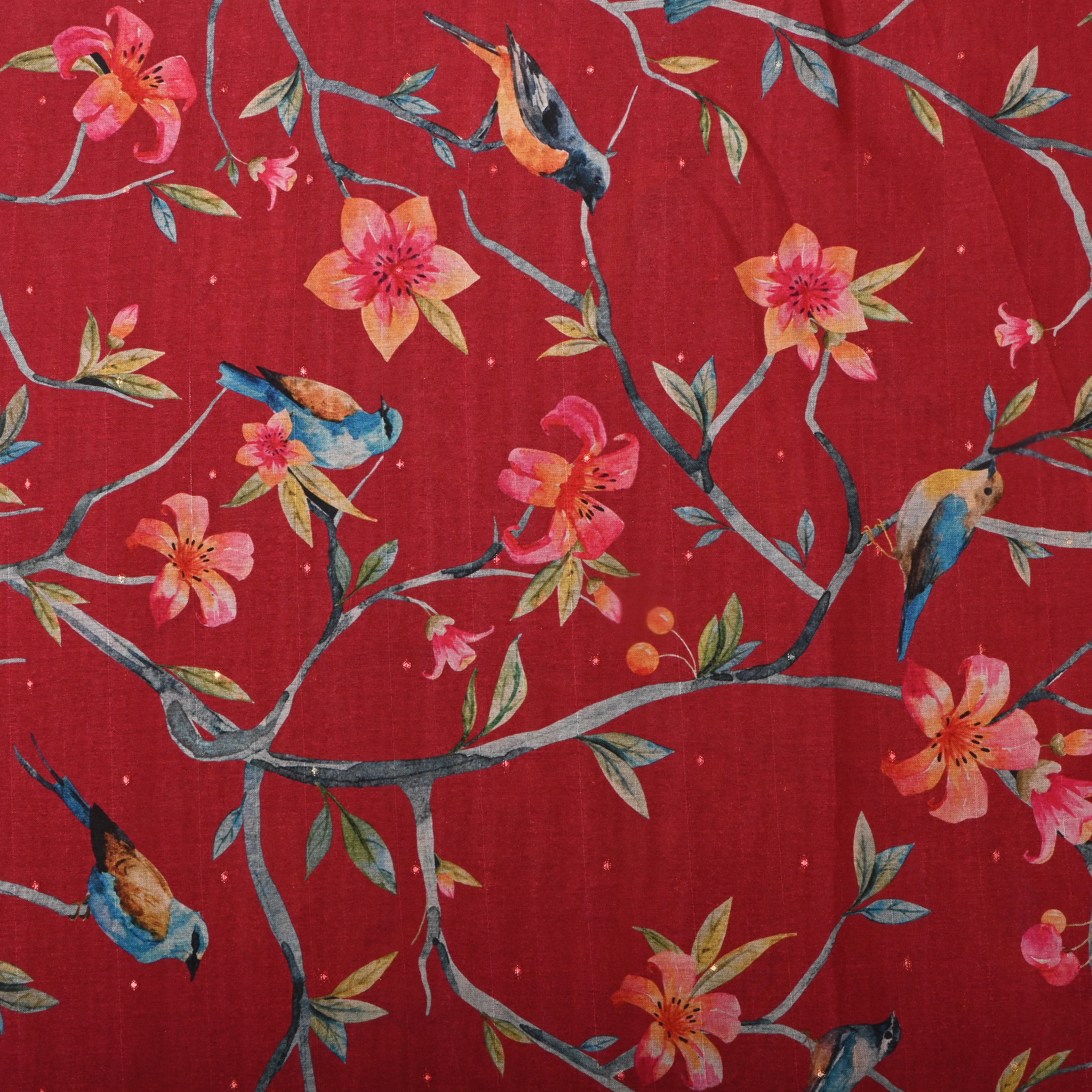 Red Tussar Fabric With Digital Prints