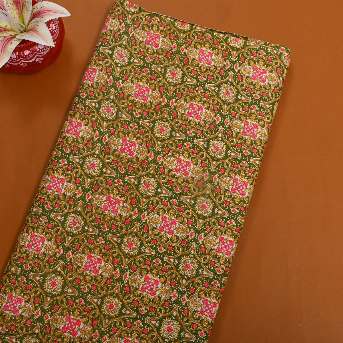 Beige Gold Paisley Embroidered Tussar Silk Fabric