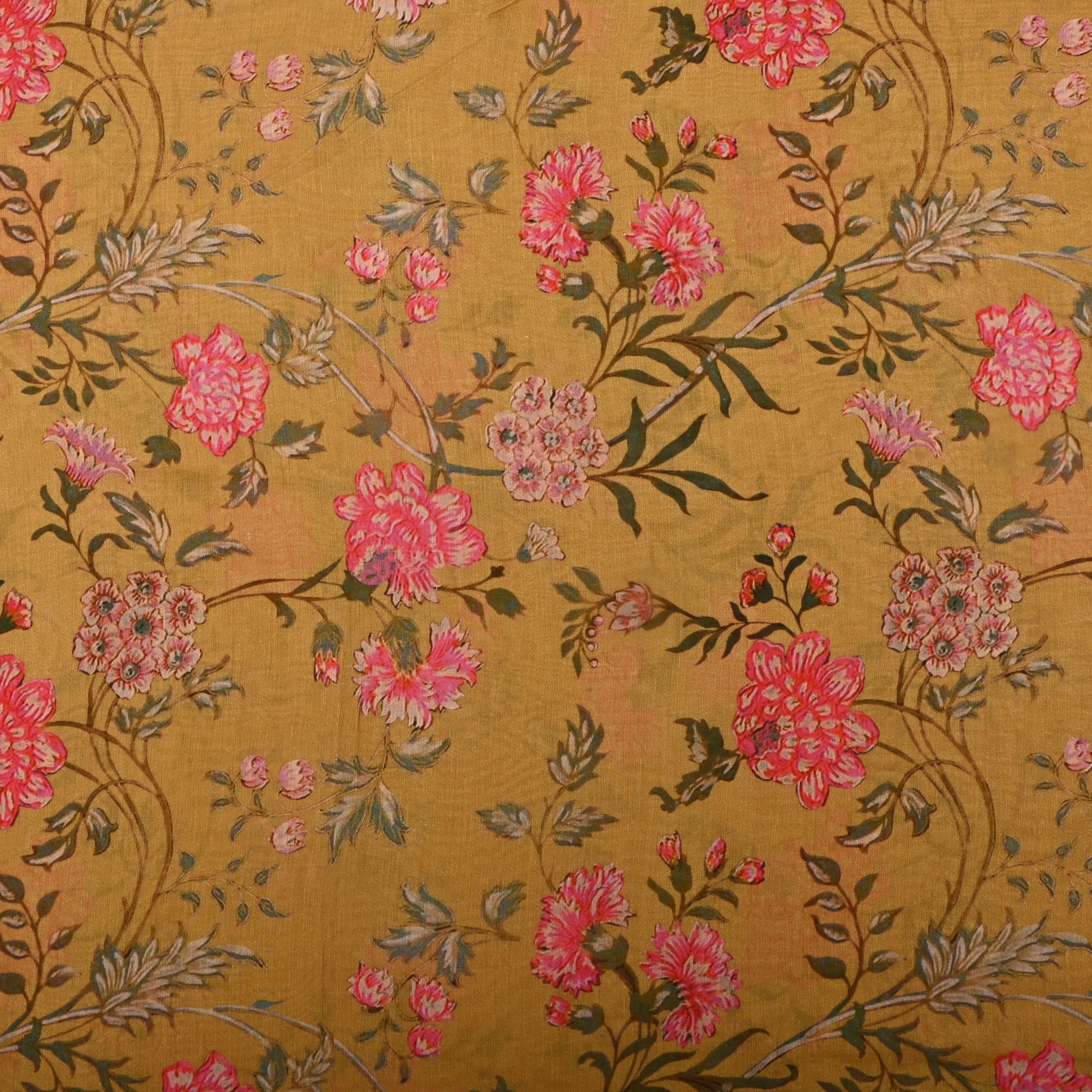 Amber Orange Silk Fabric With Floral Prints