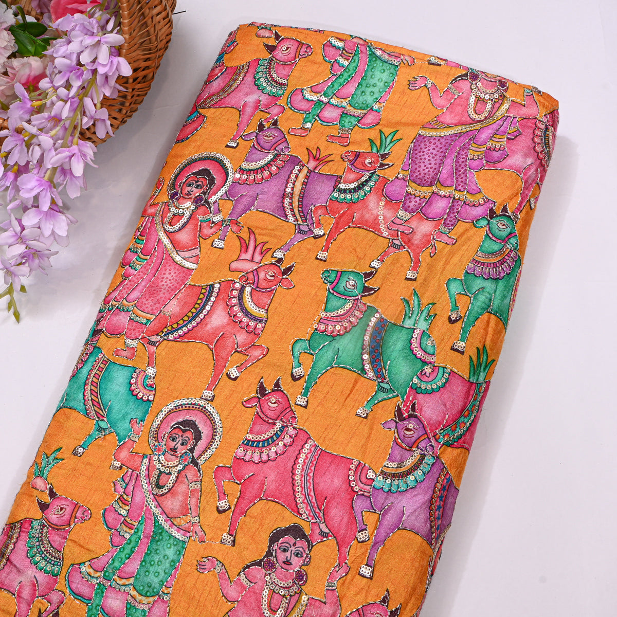 Marigold Orange Kalamkari Pen Hand Painted Sequin Dupion Silk Fabric