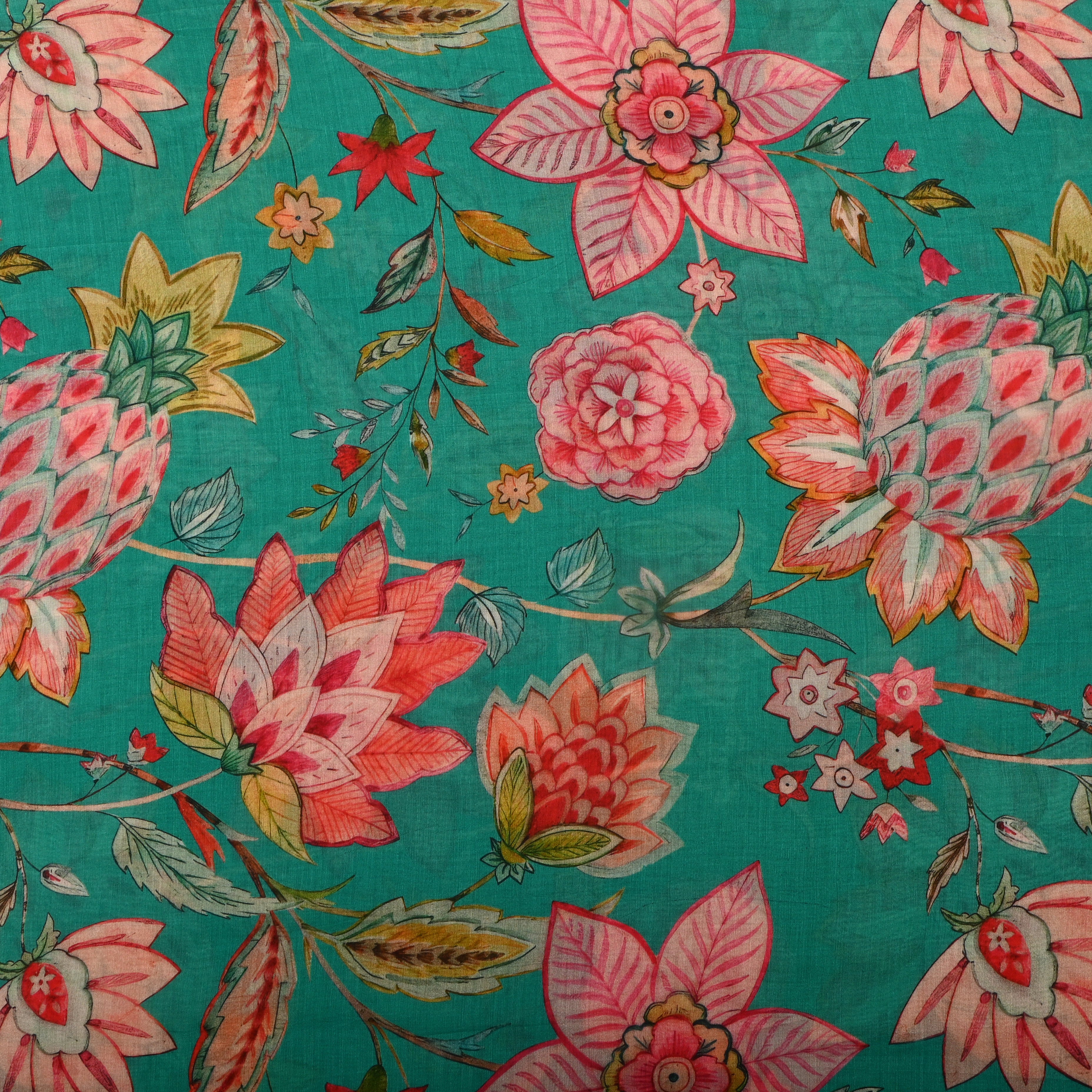 Persian Green Silk Fabric With Floral Prints