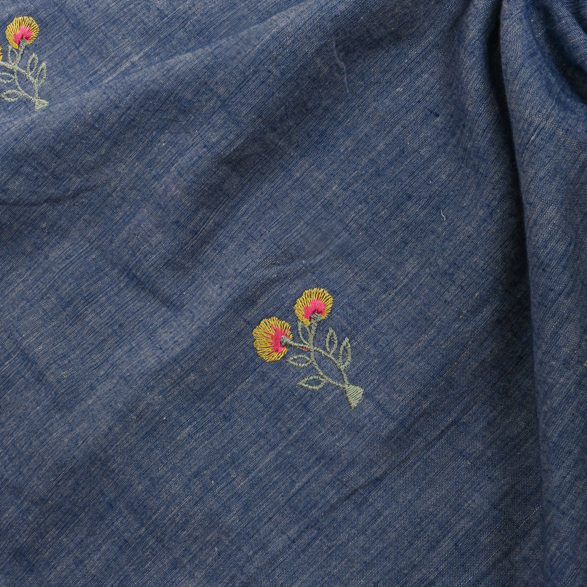 Sea Blue With Yellow Thread Work Floral Butti Cotton Fabric