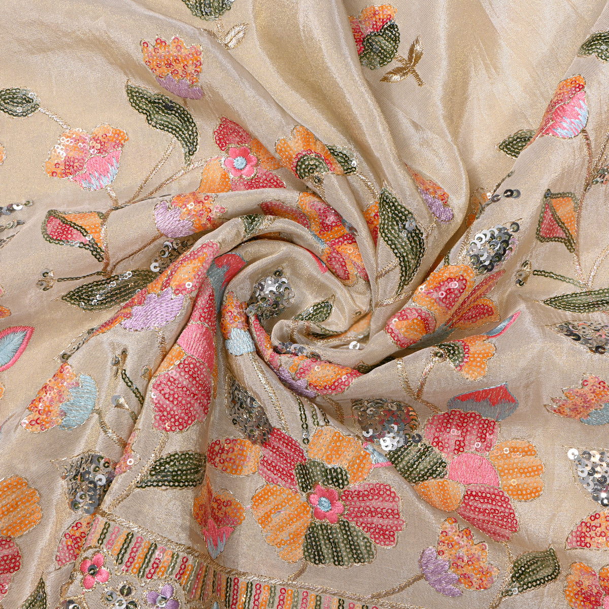 Pearl White Floral Bead Work Embroidery Tissue Fabric