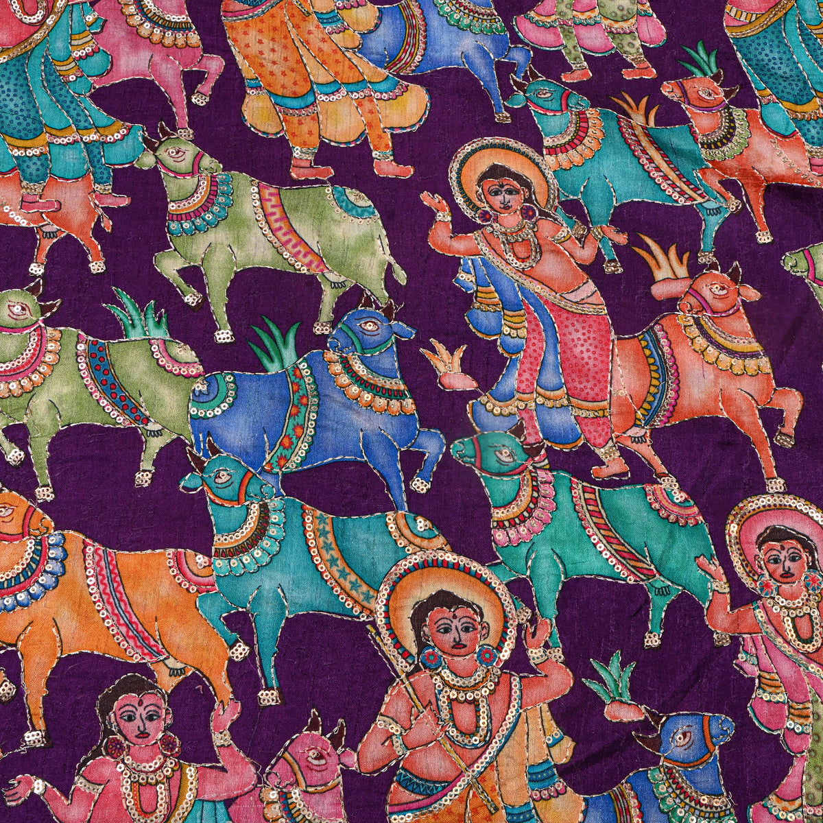 Plum Purple Kalamkari Pen Hand Painted Sequin Dupion Silk Fabric