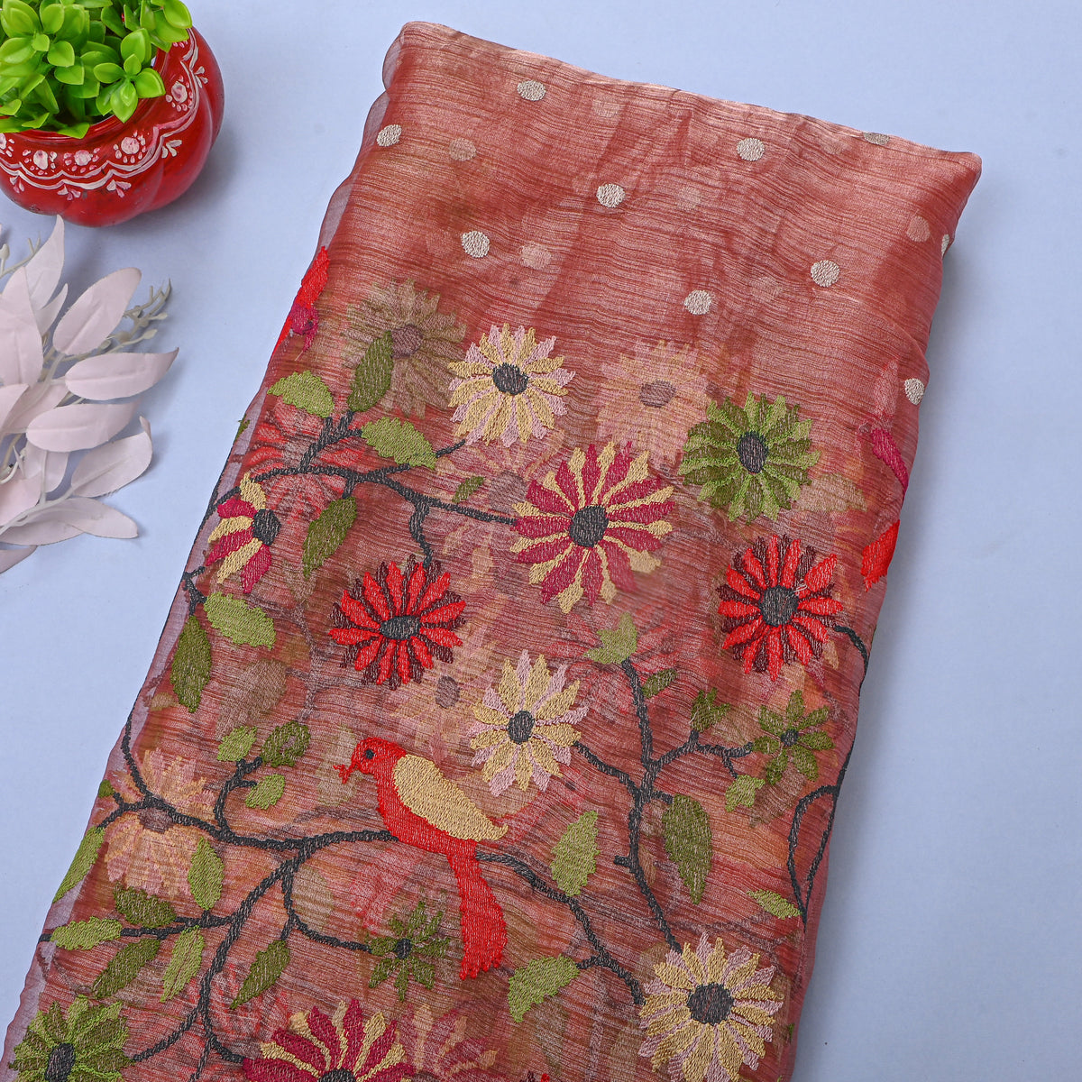Coral Orange Thread Work Embroidery Tissue Fabric
