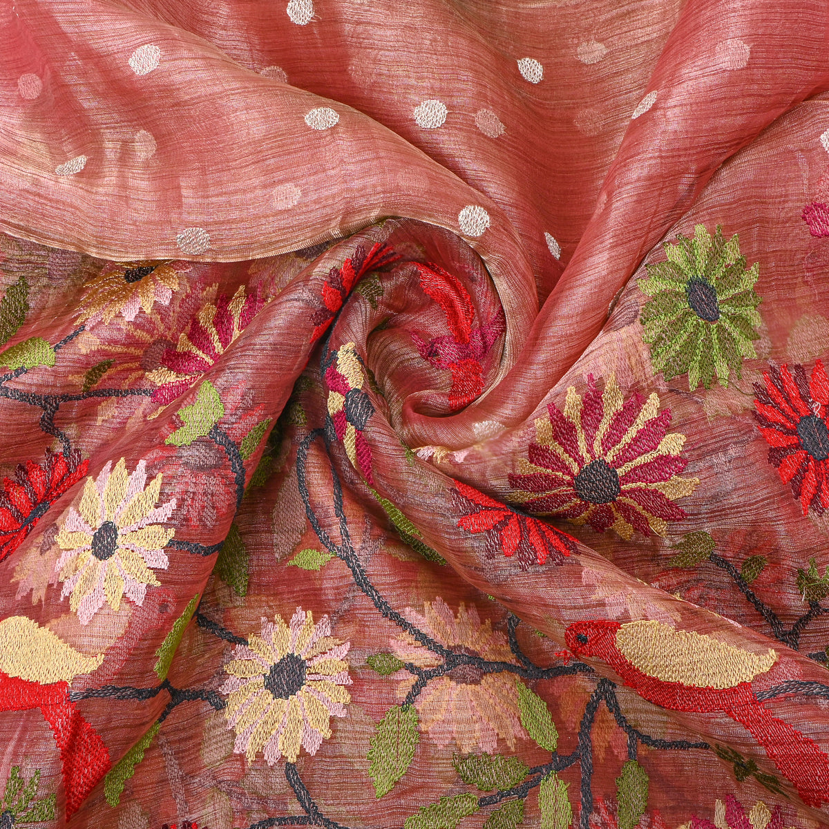 Coral Orange Thread Work Embroidery Tissue Fabric