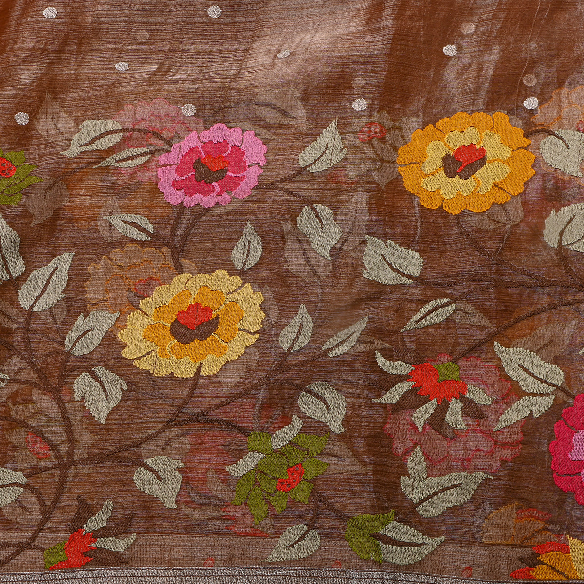 Chestnut Brown Thread Work Embroidery Tissue Fabric