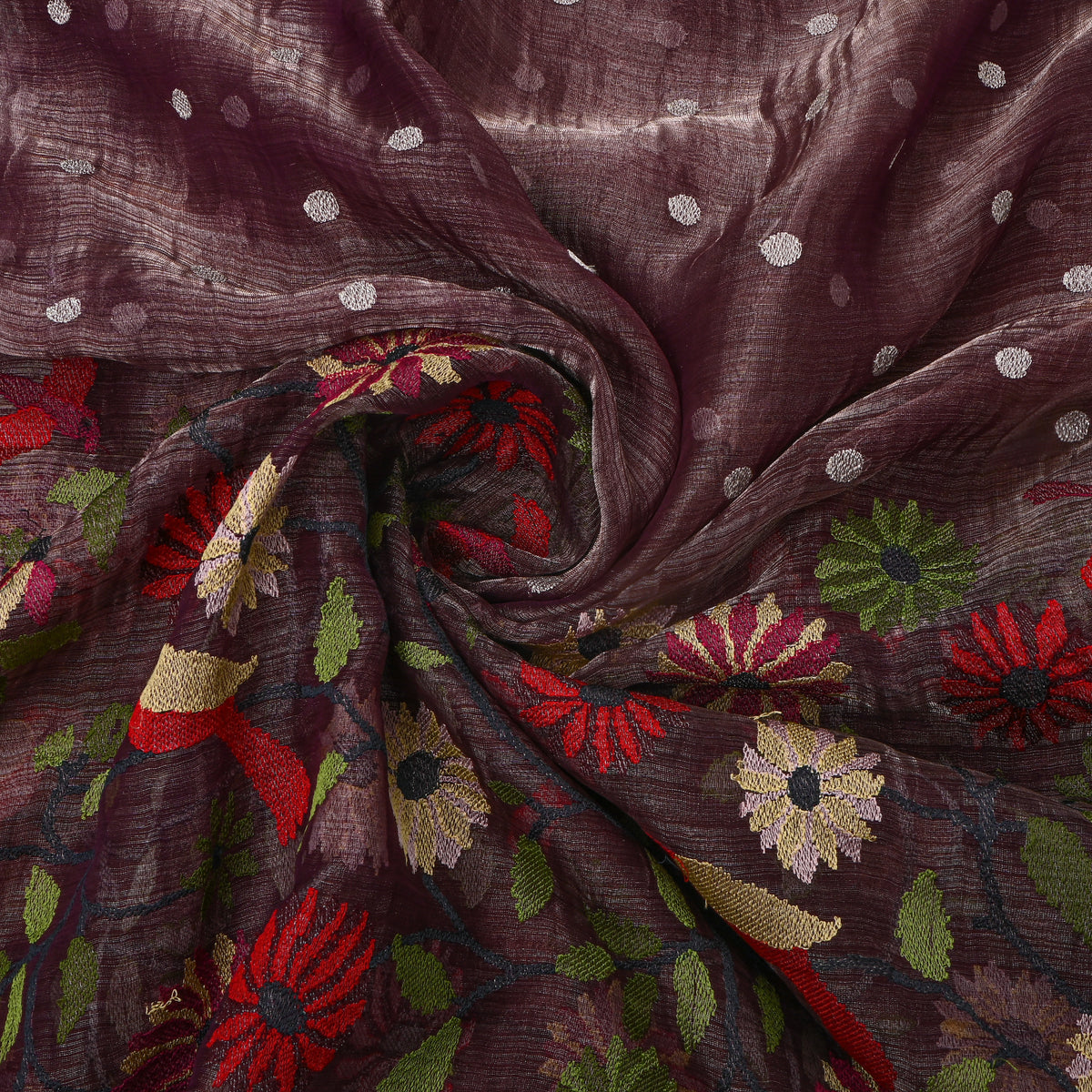 Deep Purple Thread Work Embroidery Tissue Fabric