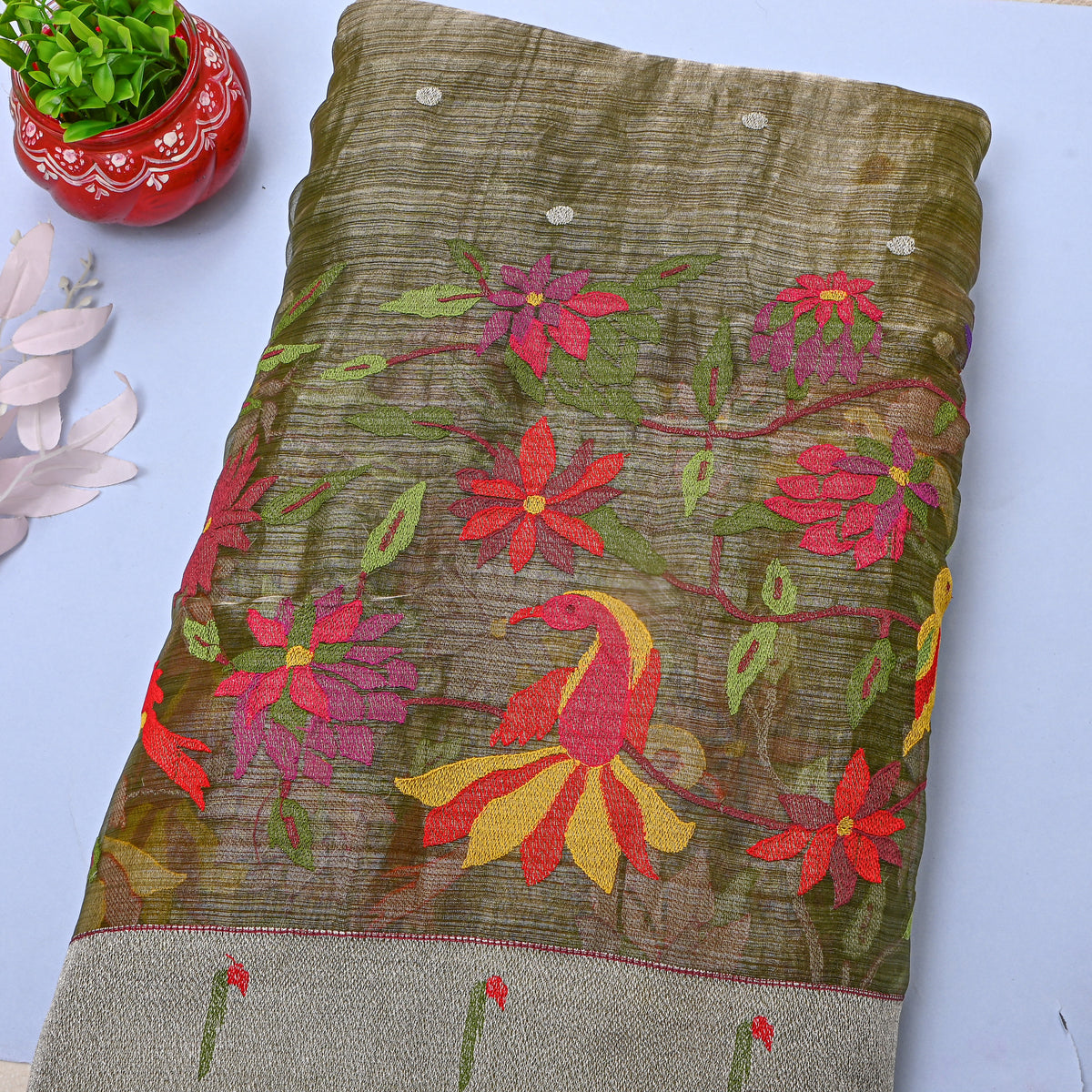 Olive Green Thread Work Embroidery Tissue Fabric