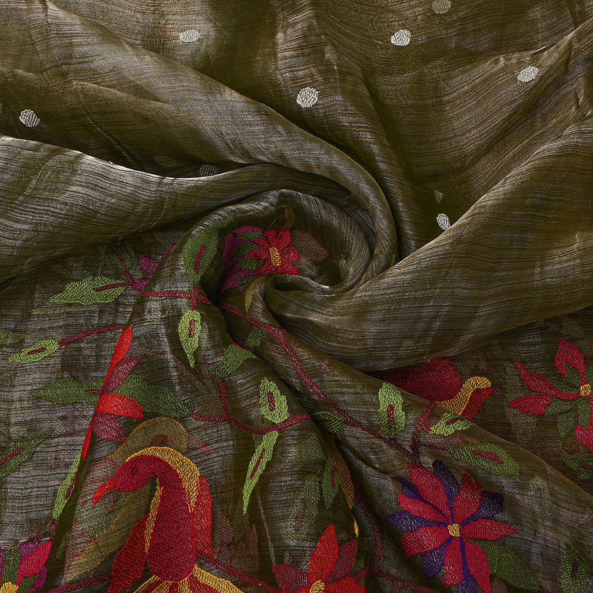 Olive Green Thread Work Embroidery Tissue Fabric