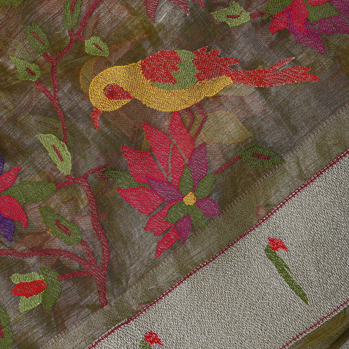 Olive Green Thread Work Embroidery Tissue Fabric