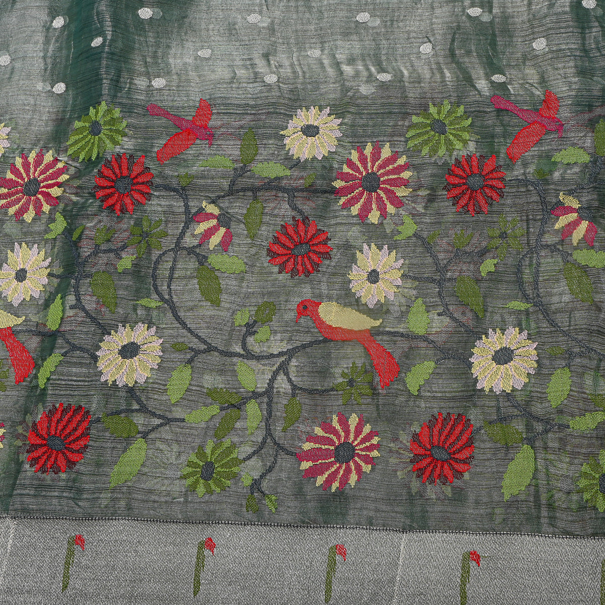 Charcoal Green Thread Work Embroidery Tissue Fabric