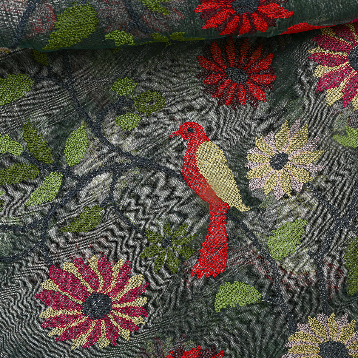 Charcoal Green Thread Work Embroidery Tissue Fabric