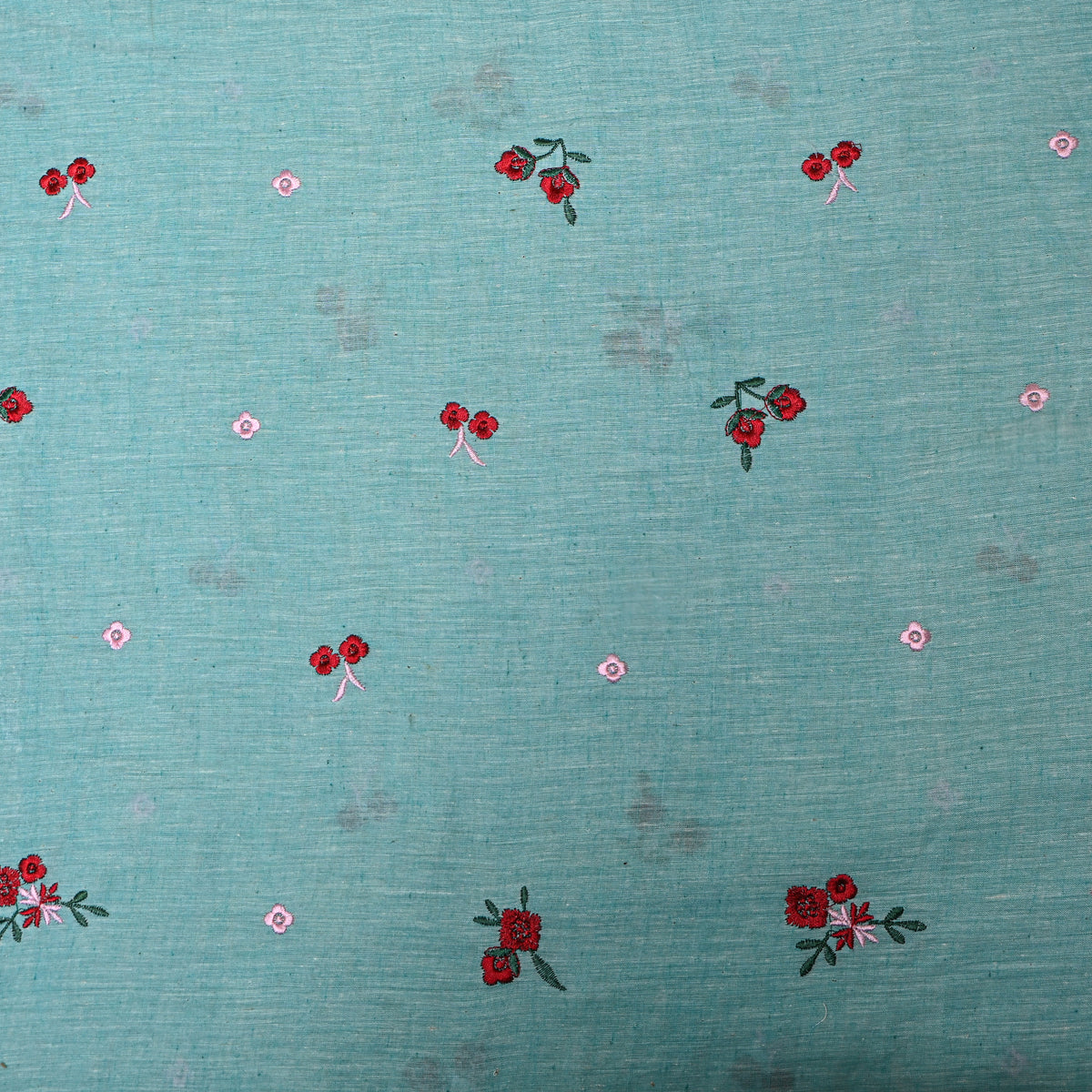 Light Mint Bliue With Red Thread Wor Butti Cotton Fabric