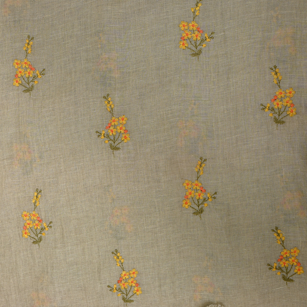 Green Floral Butti Thread Work Linen Fabric