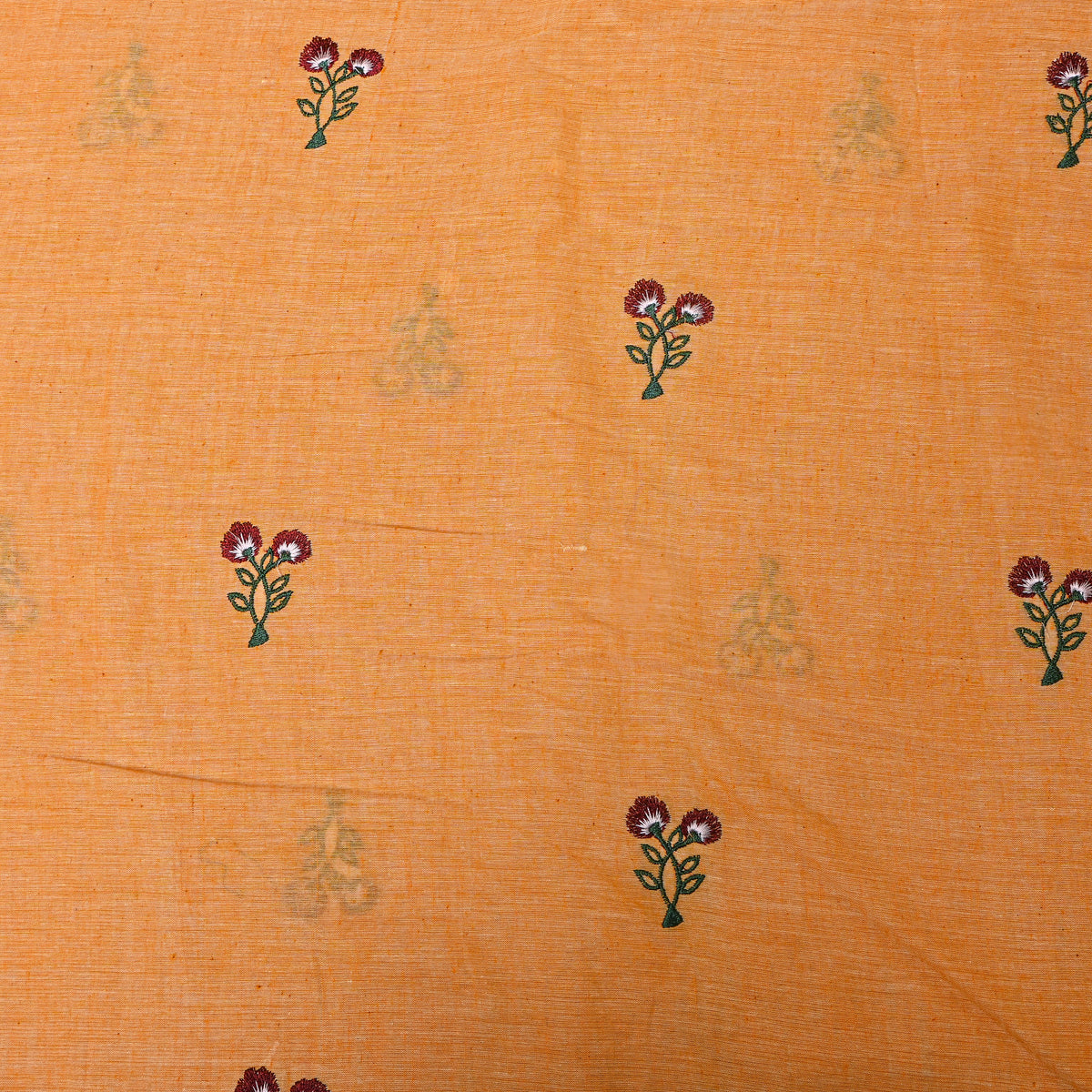 Bright Orange With Dark Red Thread Work Floral Butti Cotton Fabric