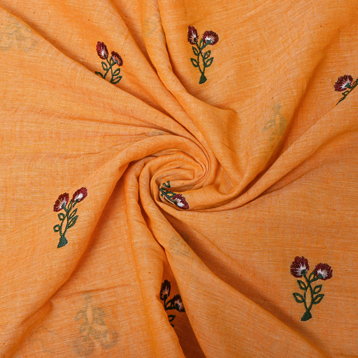 Bright Orange With Dark Red Thread Work Floral Butti Cotton Fabric