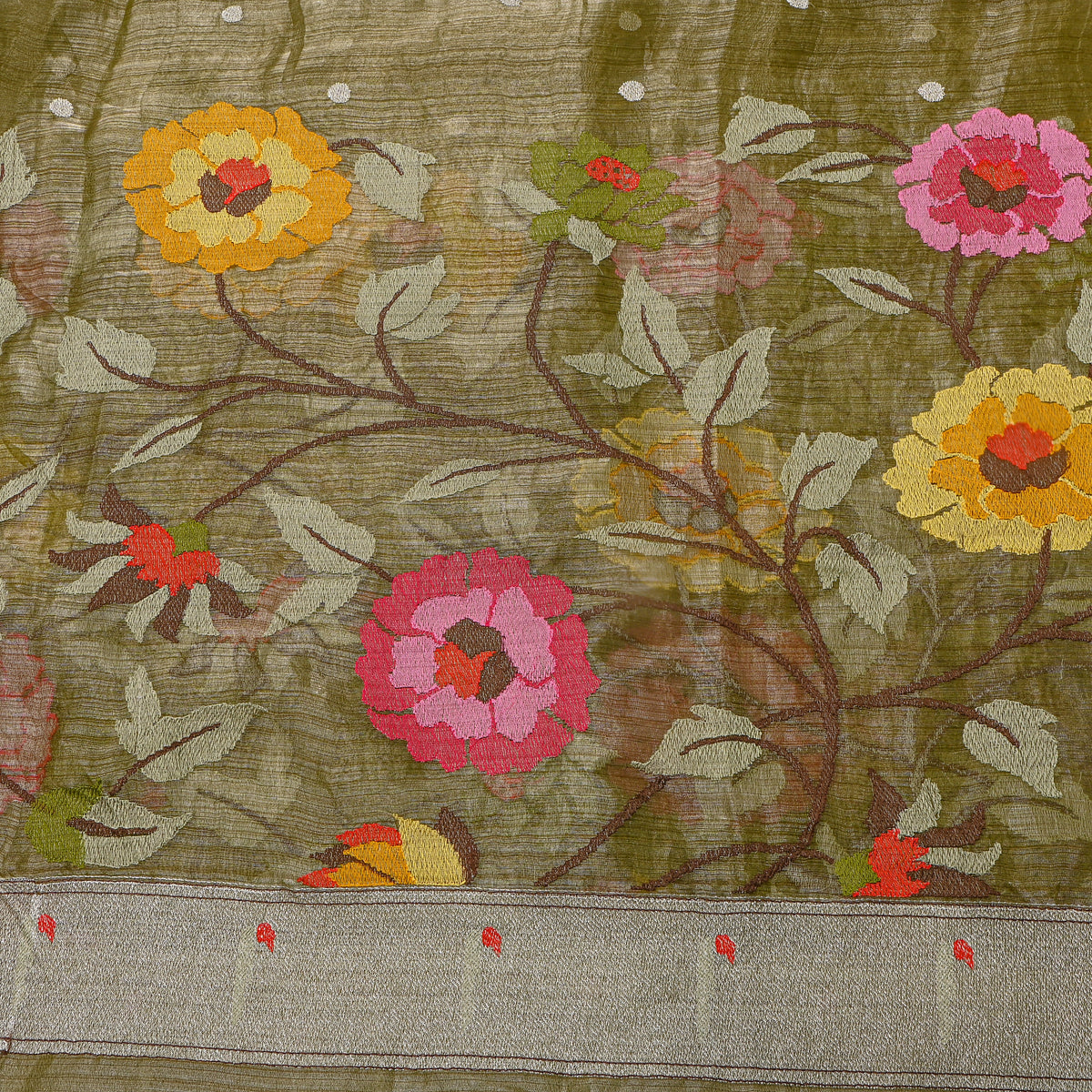Olive GreenThread Work Embroidery Tissue Fabric